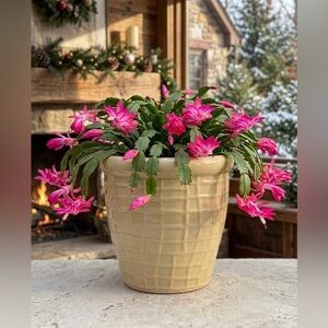 7.5" Beige Basket Weave Ceramic Planter with Drainage - Handcrafted in Vietnam